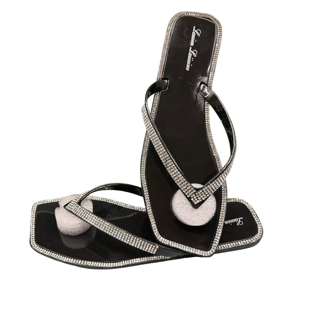 Lauren Lorraine Black Square Toe Thong Sandals 7.5 Minimalist Y2K NIB - Picture 4 of 6